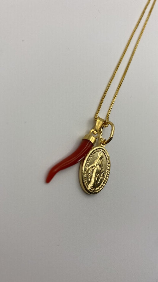 Collana con Medaglia Miracolosa e cornetto di Corallo