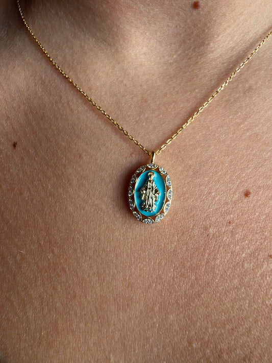 Collana Madonna Miracolosa azzurra in argento 925 e Swarovski, dettaglio - Zumpano Gioielli