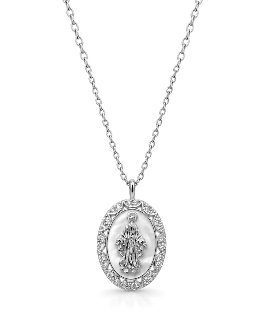 Collana Madonna Miracolosa in argento 925, madreperla e Swarovski, dettaglio - Zumpano Gioielli