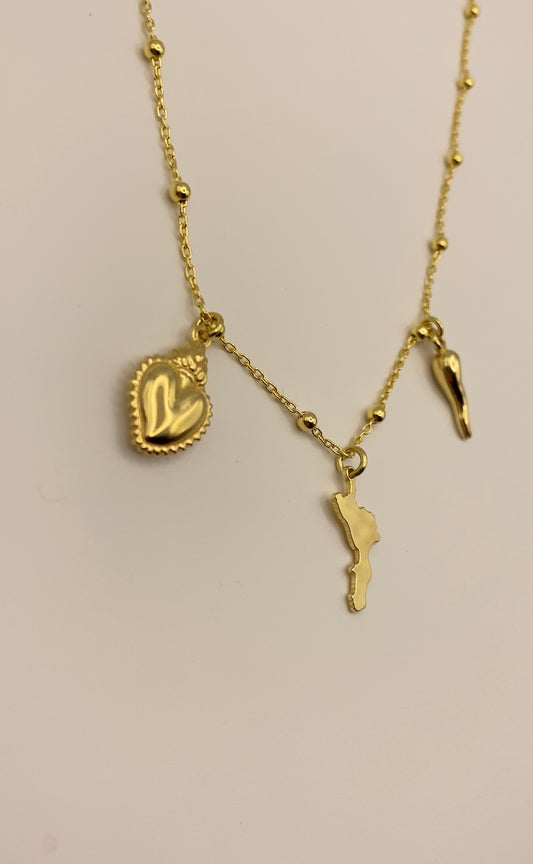 Collana Calabria Cuore e Cornetto-In Argento Dorato