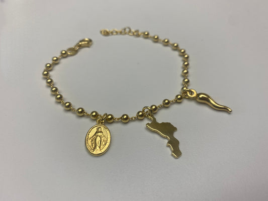 Bracciale Calabria Casa Mia con sfere e ciondoli simbolici in argento dorato 925,dettaglio - Zumpano Gioielli