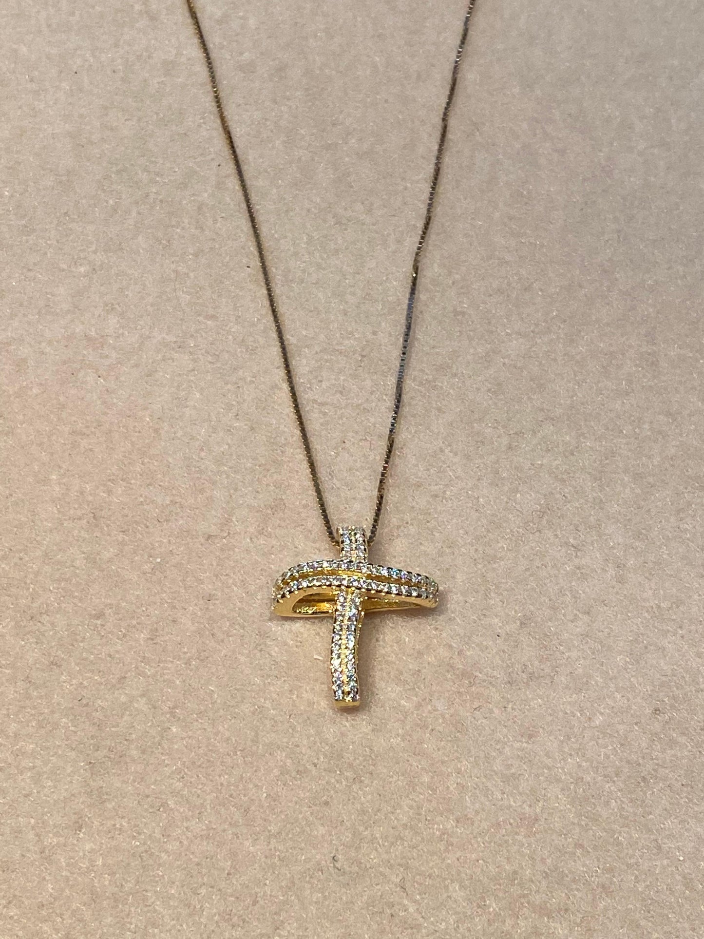 Collana Croce in Argento Dorato e Zirconi