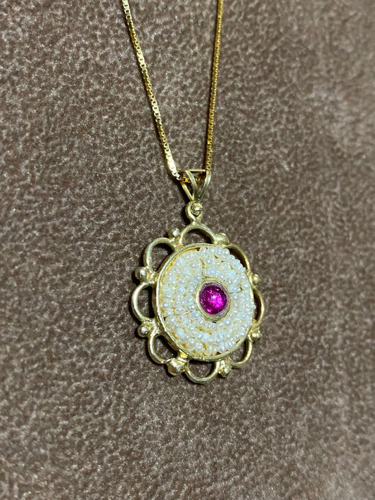 Collana Fiore con ciondolo in argento Dorato, pietra Rossa e Microperle