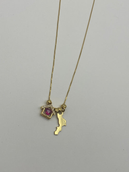 Collana in argento 925 con sagoma della Calabria, ciondolo casetta, pepite martellate e zirconi - Zumpano Gioielli