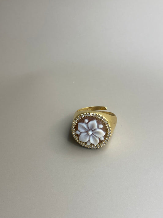 Anello Cammeo Fiore Argento Dorato Big