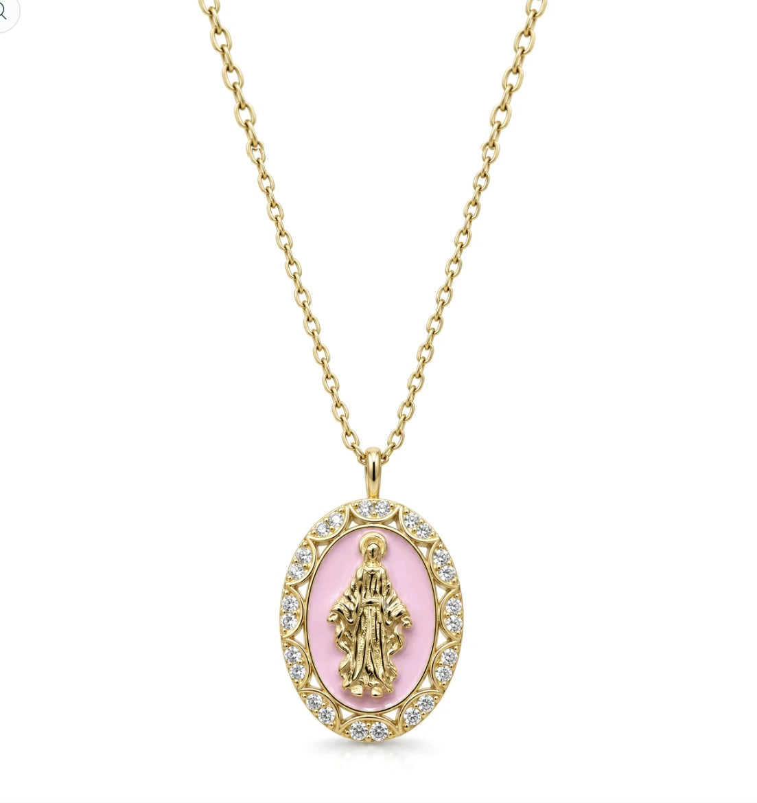Collana Madonna Miracolosa rosa in argento 925 e Swarovski, dettaglio - Zumpano Gioielli