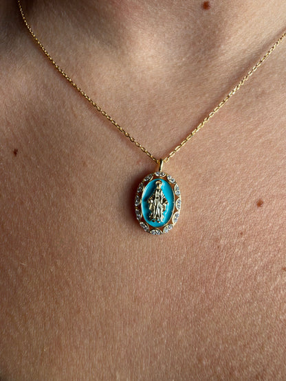Collana Madonna Miracolosa azzurra in argento 925 e Swarovski, dettaglio - Zumpano Gioielli