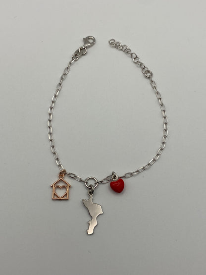 Bracciale Calabria Casa mia in argento 925 con sagoma della Calabria, cuoricino smaltato e casetta - Zumpano Gioielli