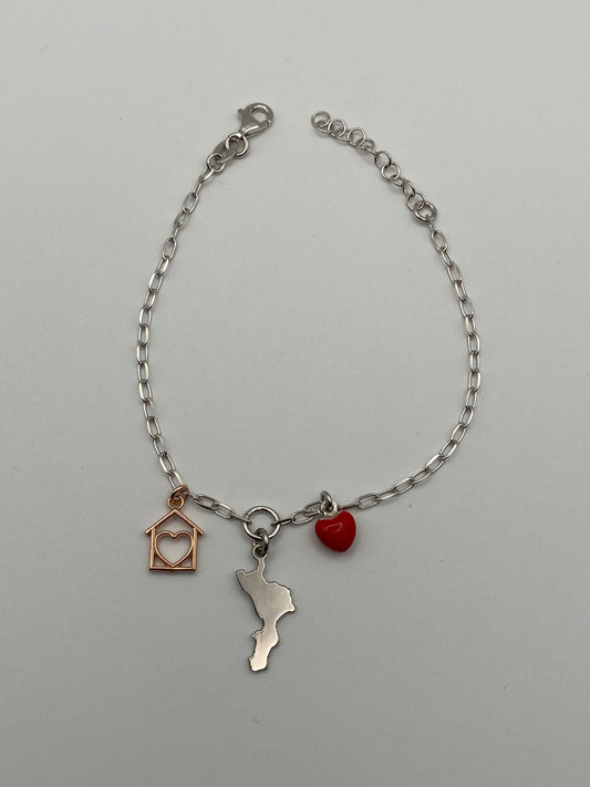 Bracciale Calabria Casa mia in argento 925 con sagoma della Calabria, cuoricino smaltato e casetta - Zumpano Gioielli