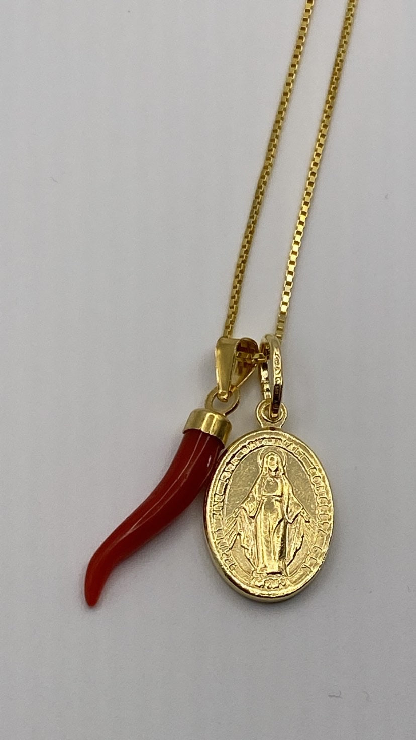 Collana con Medaglia Miracolosa e cornetto di Corallo
