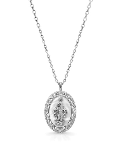 Collana Madonna Miracolosa in argento 925, madreperla e Swarovski, dettaglio - Zumpano Gioielli