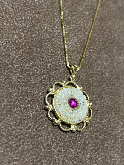 Collana Fiore con ciondolo in argento Dorato, pietra Rossa e Microperle