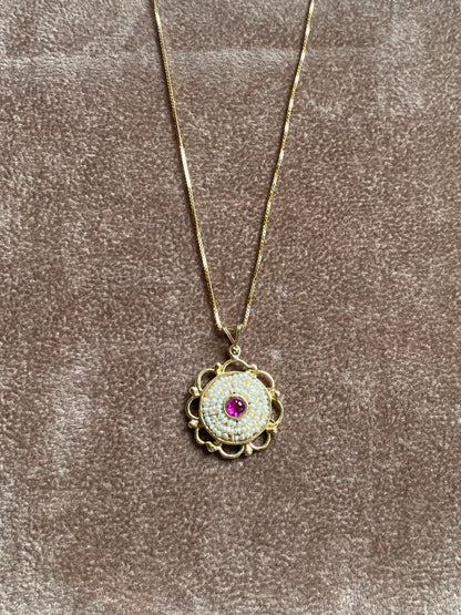 Collana Fiore con ciondolo in argento Dorato, pietra Rossa e Microperle