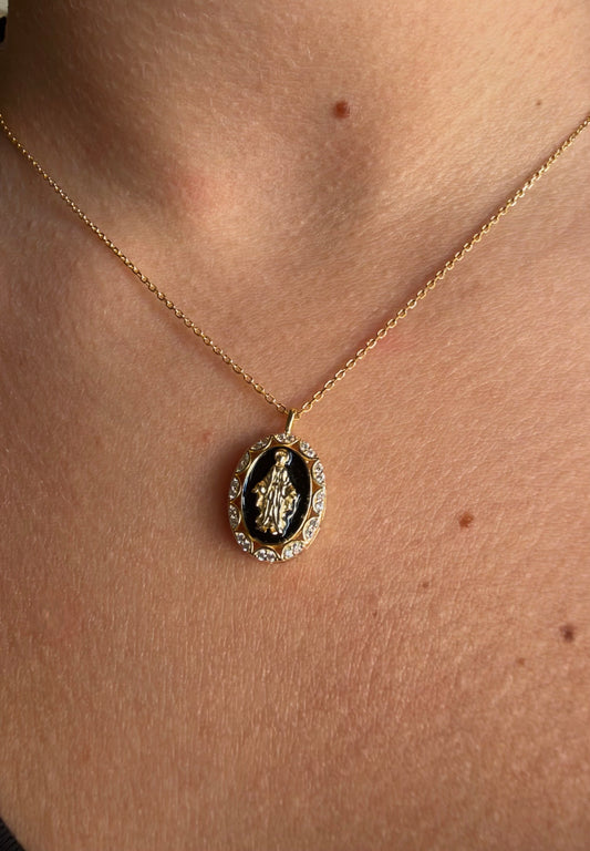 Collana Madonna Miracolosa nera in argento 925 e Swarovski - Zumpano Gioielli
