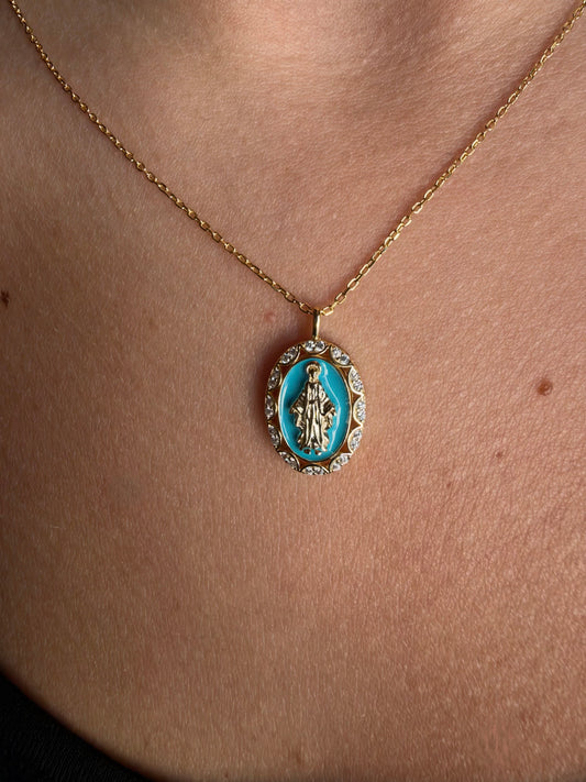 Collana Madonna Miracolosa azzurra in argento 925 e Swarovski - Zumpano Gioielli