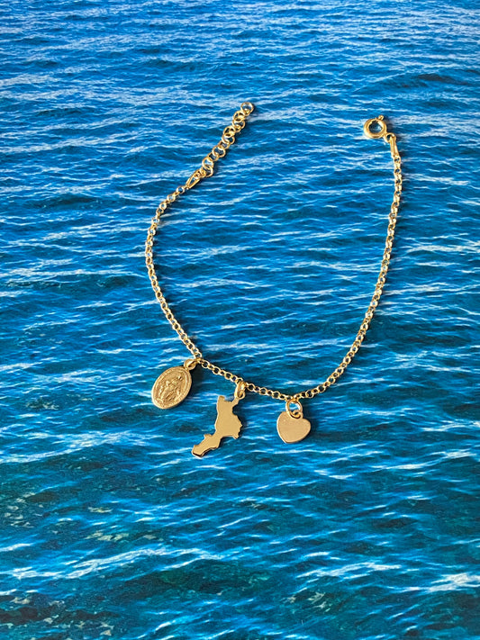 Bracciale in argento 925 dorato con sagoma della Calabria, Madonnina Miracolosa e cuoricino - Zumpano Gioielli