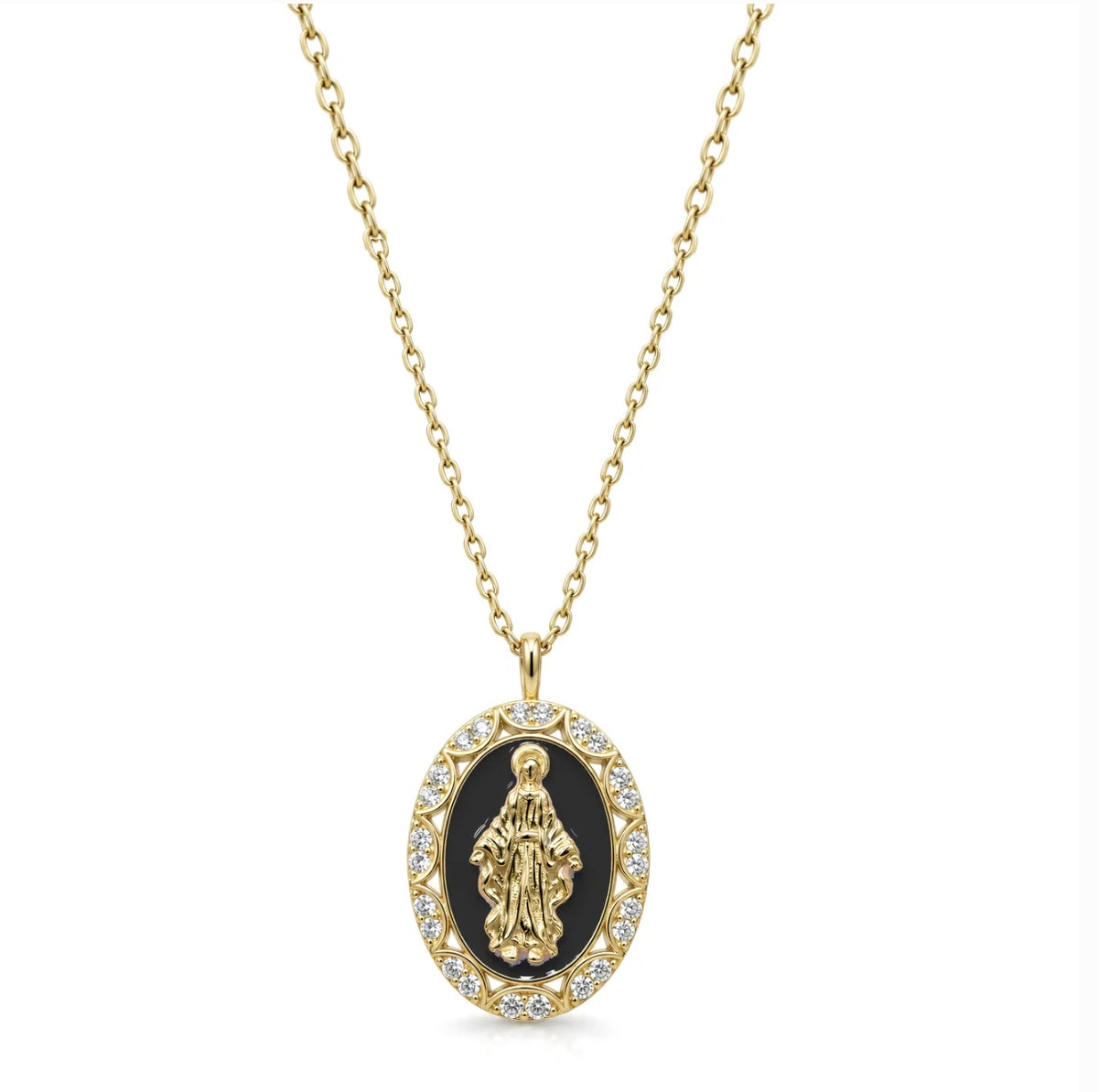 Collana Madonna Miracolosa nera in argento 925 e Swarovski, dettaglio - Zumpano Gioielli