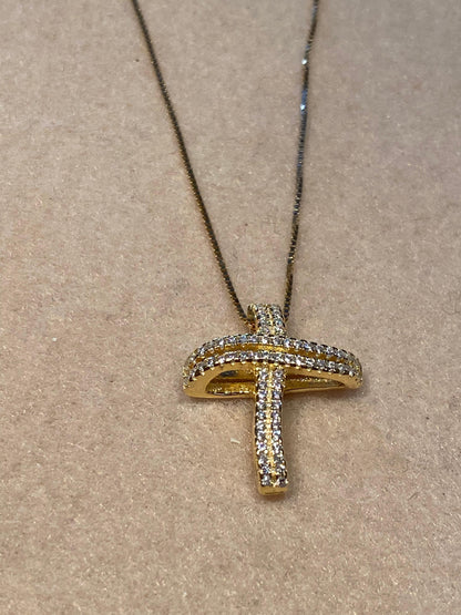 Collana Croce in Argento Dorato e Zirconi