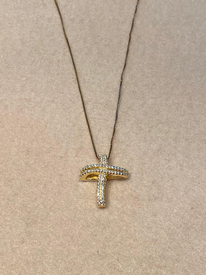 Collana Croce in Argento Dorato e Zirconi