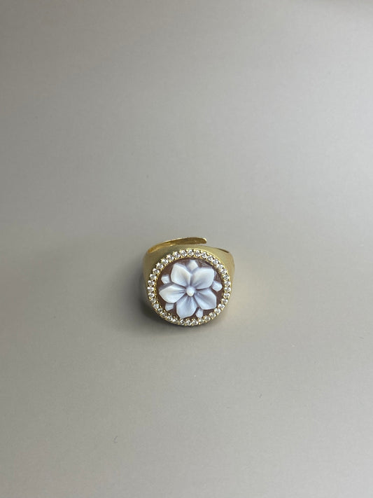 Anello Cammeo Fiore Argento Dorato Big