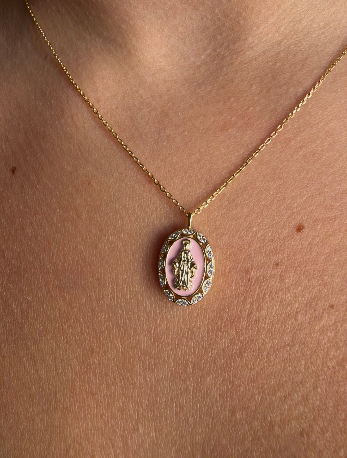 Collana Madonna Miracolosa rosa in argento 925 e Swarovski - Zumpano Gioielli