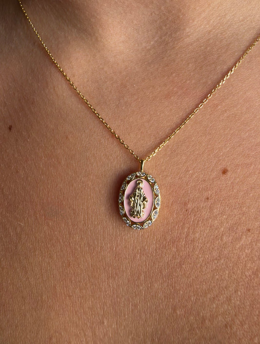 Collana Madonna Miracolosa rosa in argento 925 e Swarovski - Zumpano Gioielli